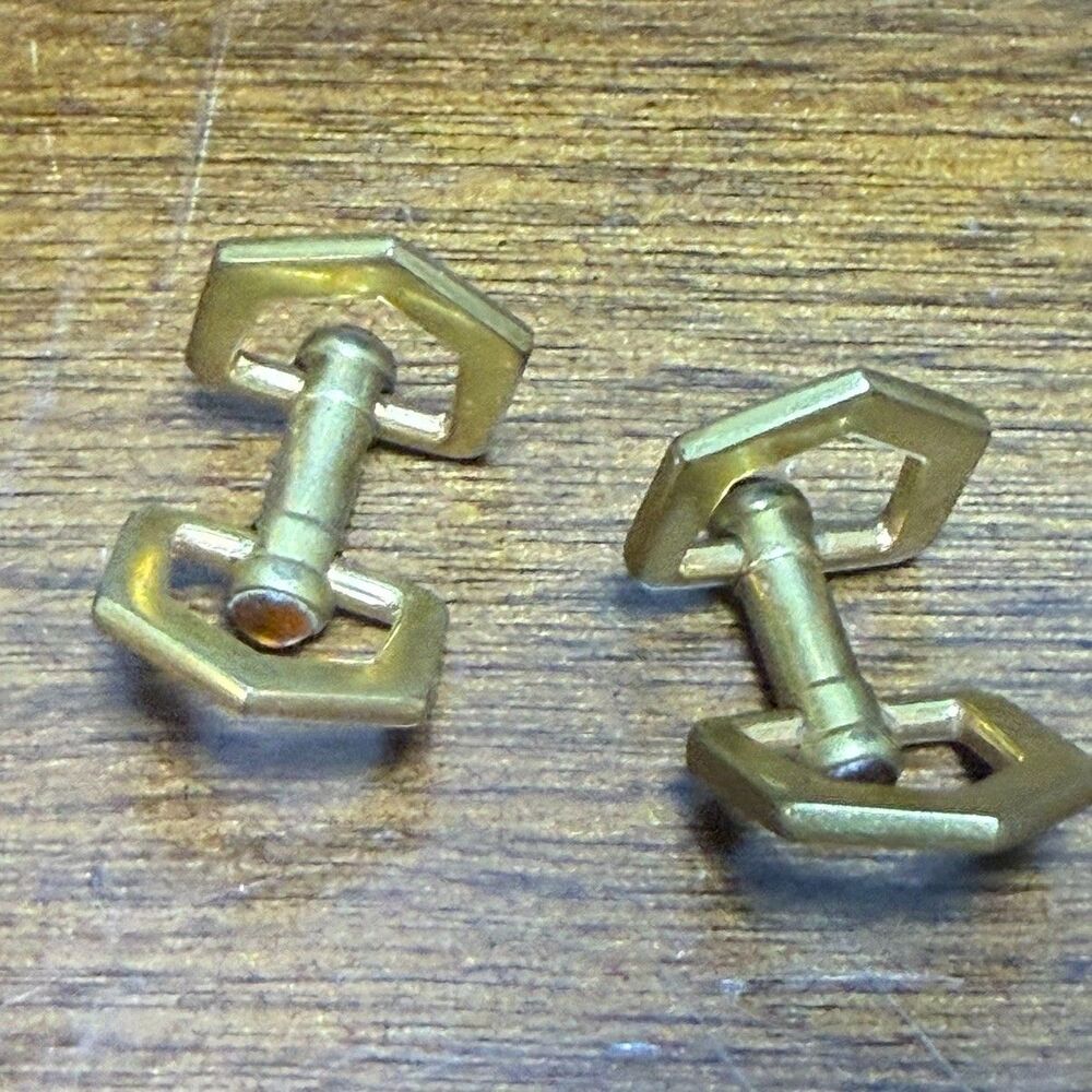 Vintage Gold Tone Hexagonal Amber Cabochon Cufflinks Toggle Back - Picture 5 of 6